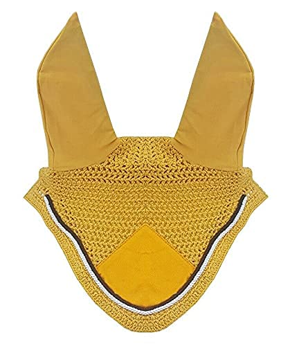 Horse Fly Bonnet Double Piping Ear Net Fly Veil Mask Breathable Cotton Crochet Horse Tack (Full, Mango/Mustard)